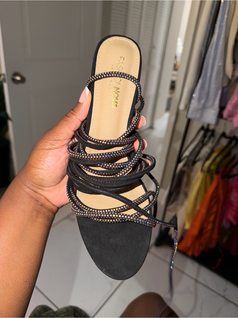 Fashion Nova Black Crystal Wrap-Heel Sandal